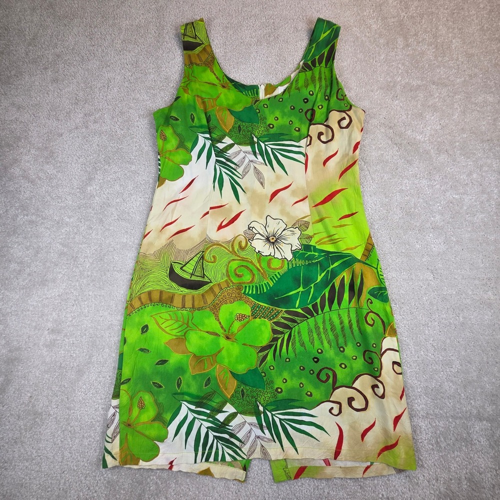 Vtg Jams World Escape Floral Rayon Shift Dress Green Multi Made In Hawaii Large